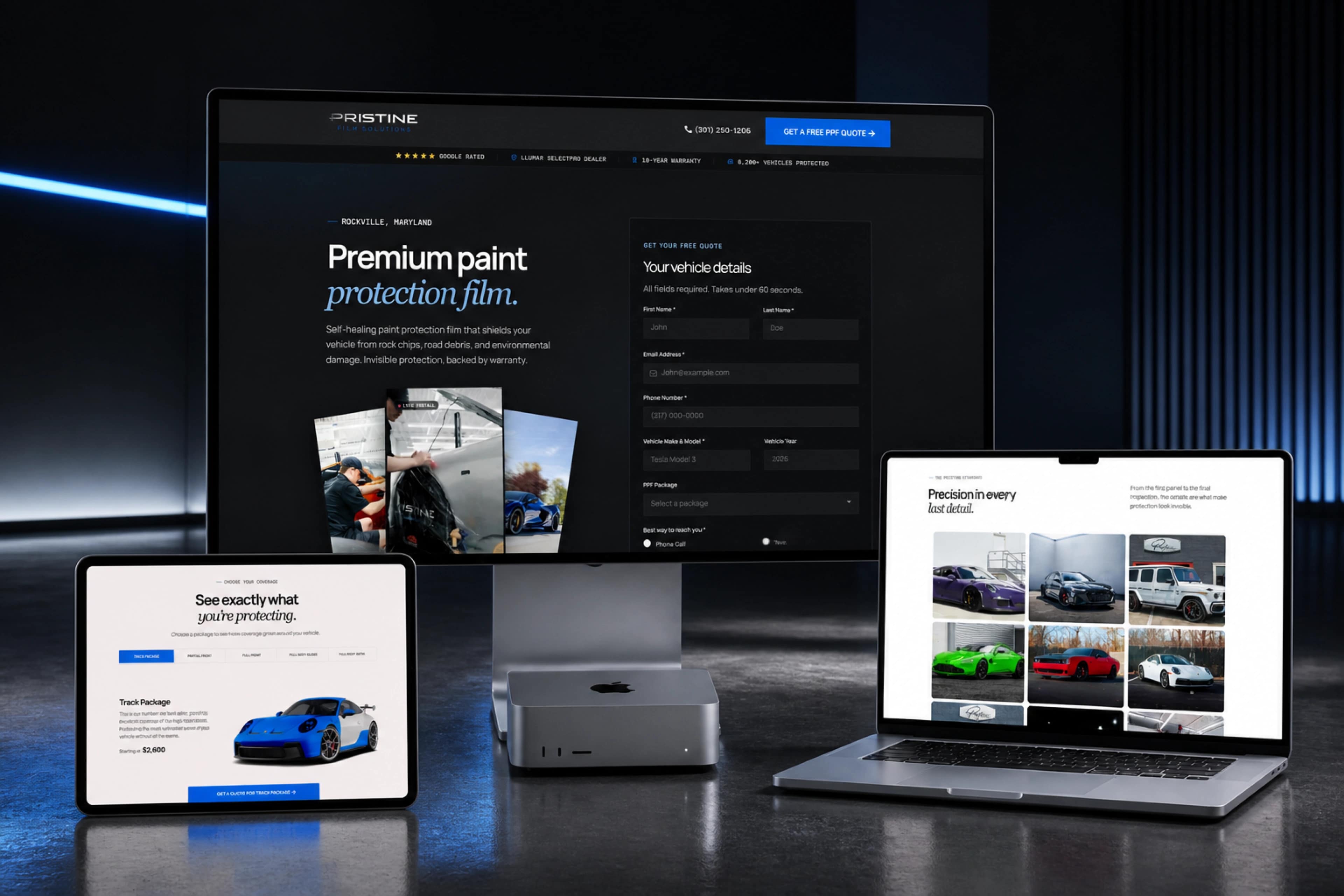 PRISTINE PPF — automotive website mockup
